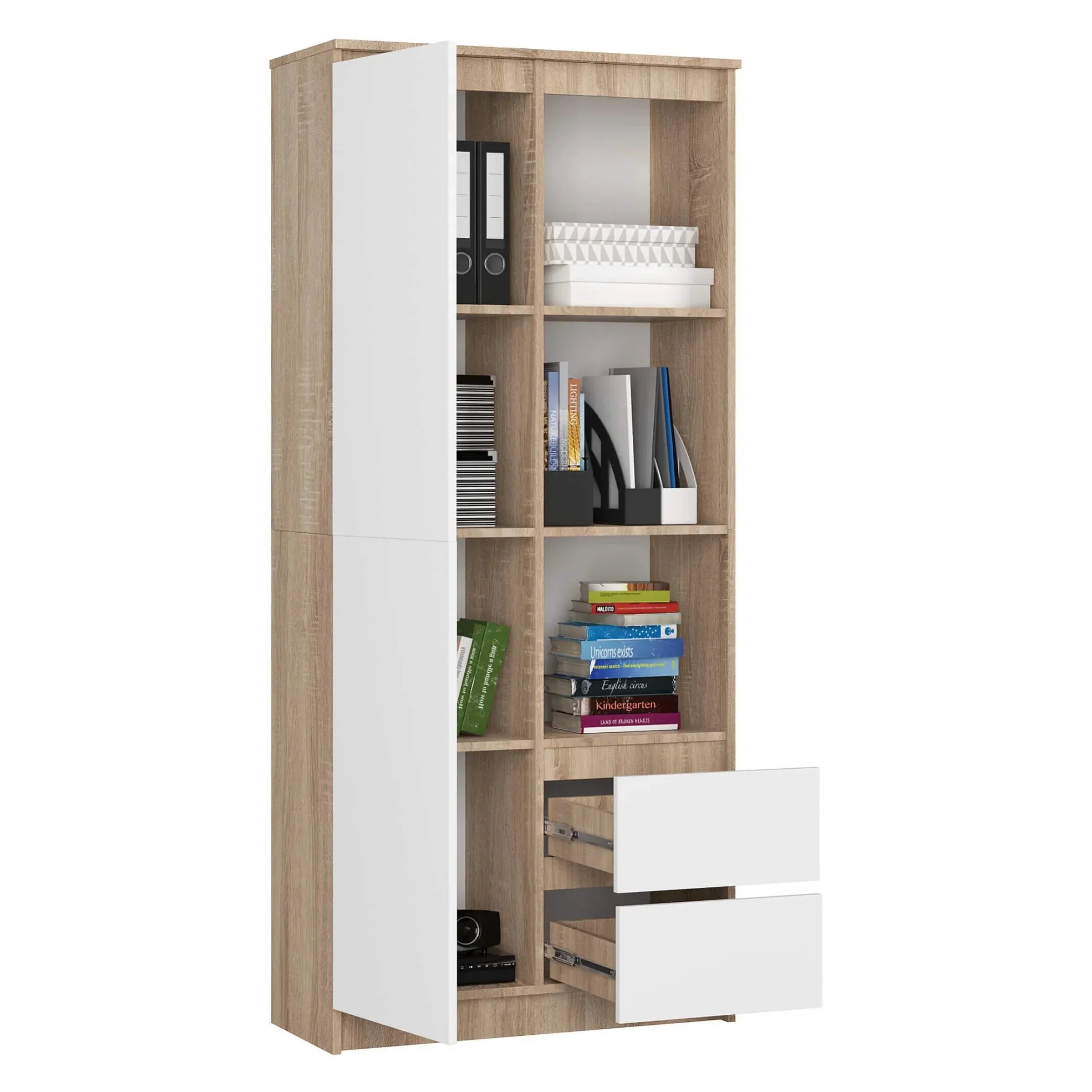 Tall bookcase in light wood with white drawer fronts and open book compartments