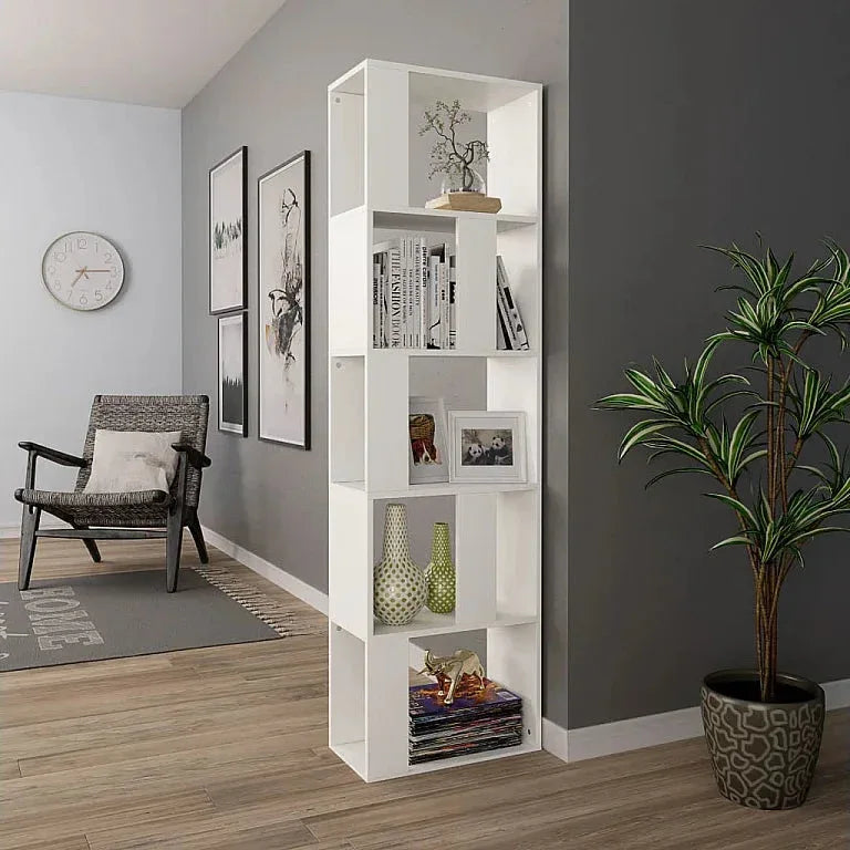 White MDF bookcase with open shelves and cubbies, tall cabinet with display compartments