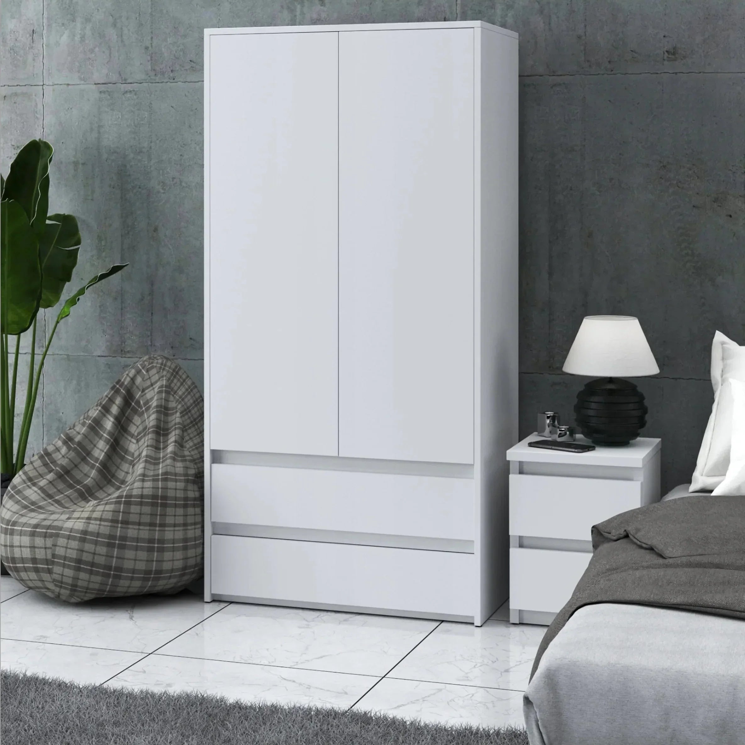 White MDF wardrobe with two panel doors and two lower drawers