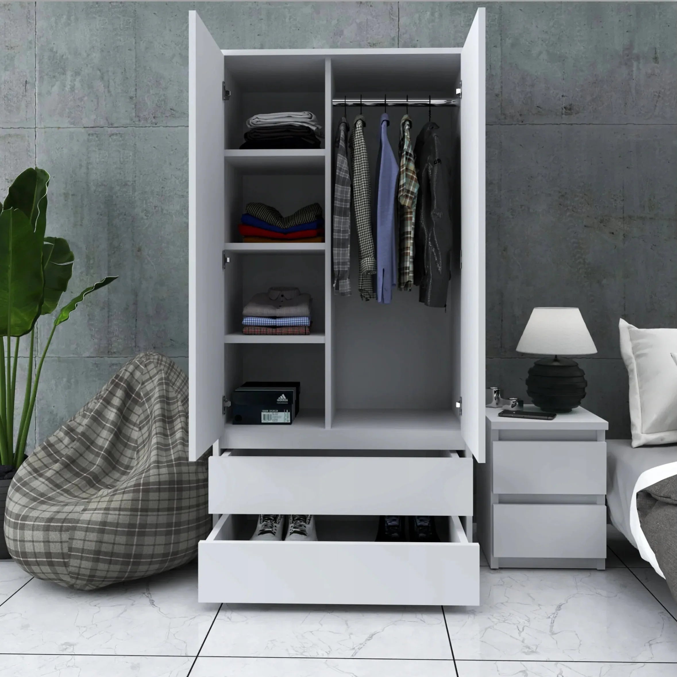 White wardrobe interior with hanging rail, open shelves, and pull-out drawers