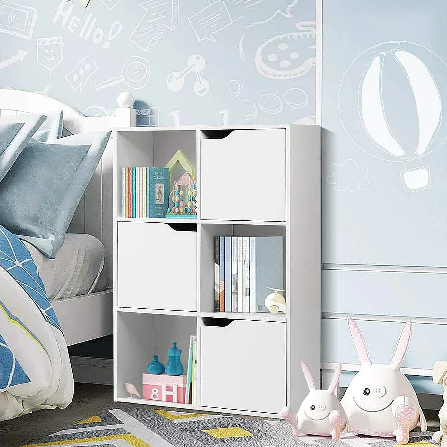 White MDF bookcase with cubby compartments for books and storage
