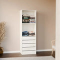 Tall white dressing cabinet with open shelves and 4 drawer sections