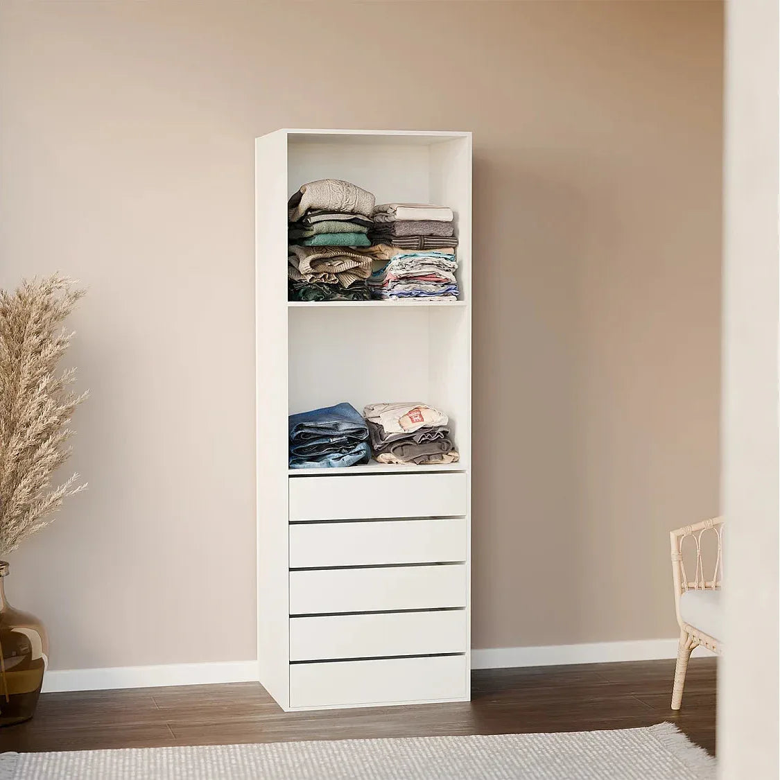 Tall white dressing cabinet with open shelves and 4 drawer sections