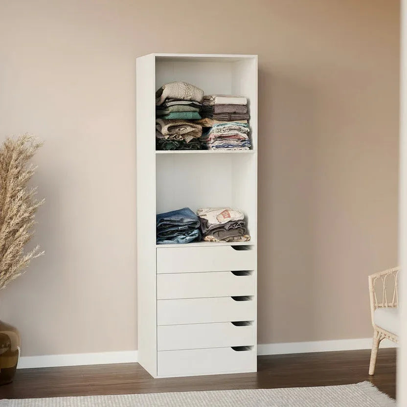 White MDF dressing cabinet with 2 shelves and 4 pull-out drawers, 60x45x180cm.