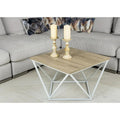 Square coffee table with light MDF top and white metal cross-frame base, 60x60 cm