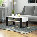 White MDF coffee table, open lower shelf, black legs; 92x50x45cm