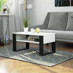 White MDF coffee table, open lower shelf, black legs; 92x50x45cm