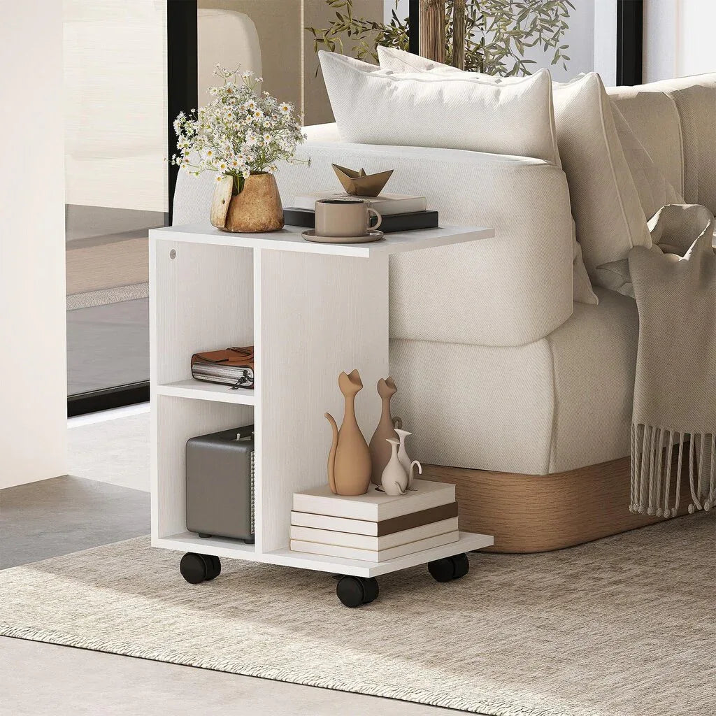 KUJU side table in white MDF with open storage, single lower shelf, and caster wheels