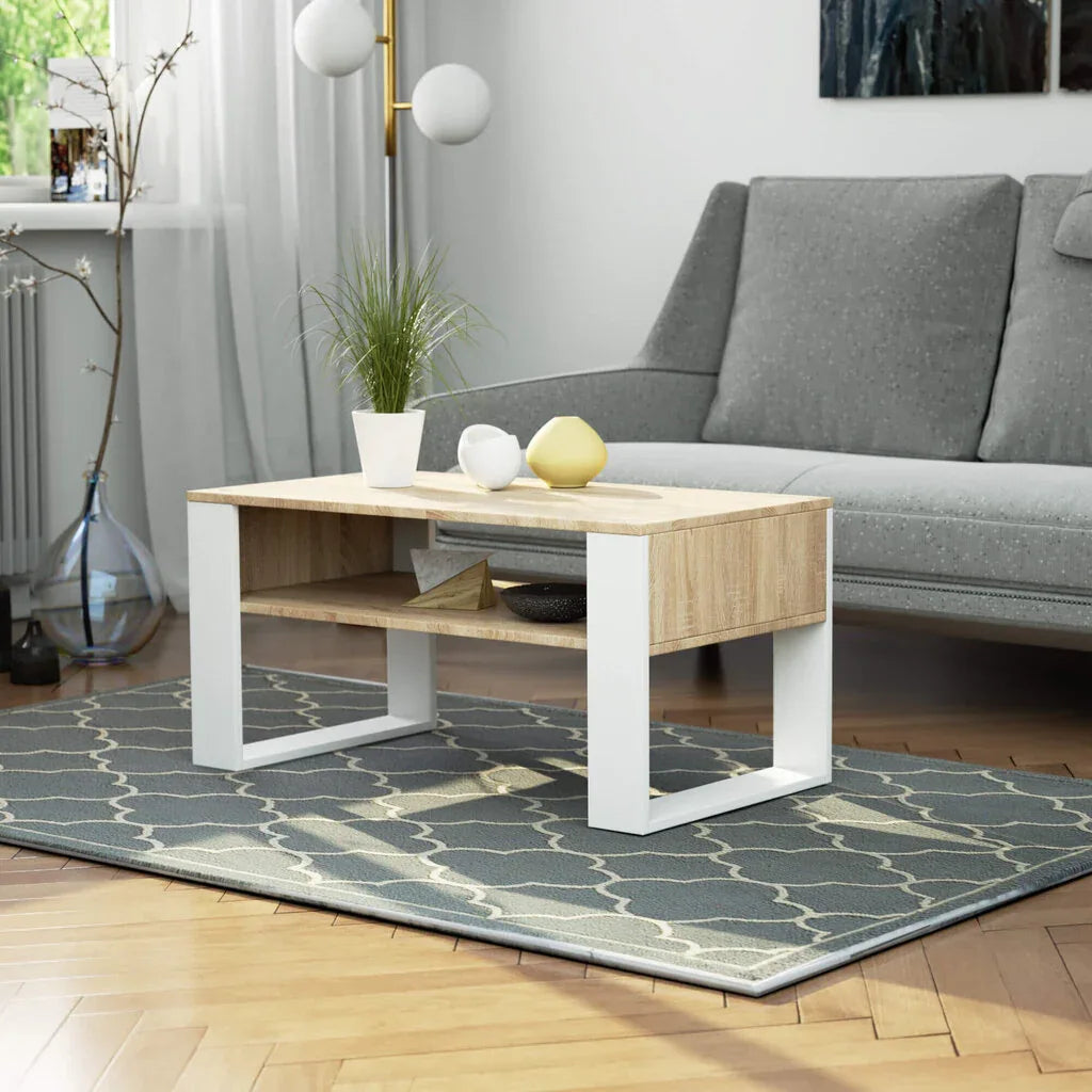 OLA coffee table with open shelf, light wood top and white MDF frame