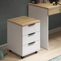 White MDF drawer unit with light wood top, three drawers and black pull handles