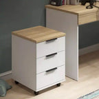 White MDF drawer unit with light wood top, three drawers and black pull handles