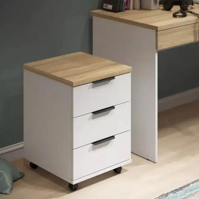 White MDF drawer unit with light wood top, three drawers and black pull handles