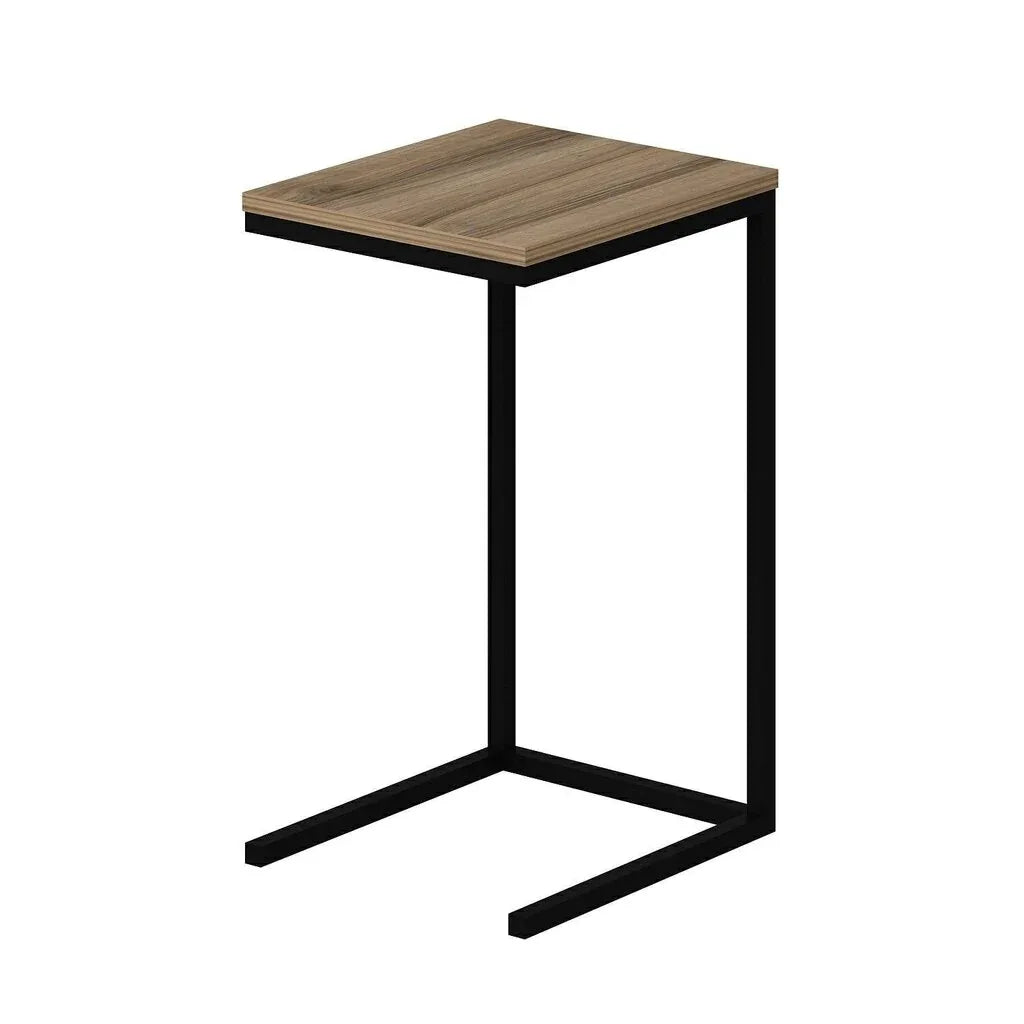 Side table with square light-wood top and black metal frame legs