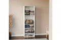 MDF dressing cabinet with open shelves and cubbies, displaying folded clothes and shoes