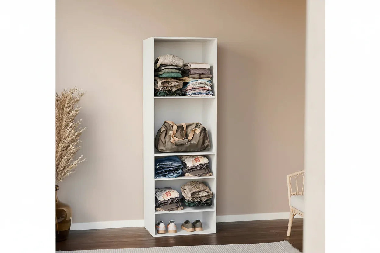 MDF dressing cabinet with open shelves and cubbies, displaying folded clothes and shoes