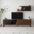 Dark wood TV unit with two cabinet doors and central open shelf for media