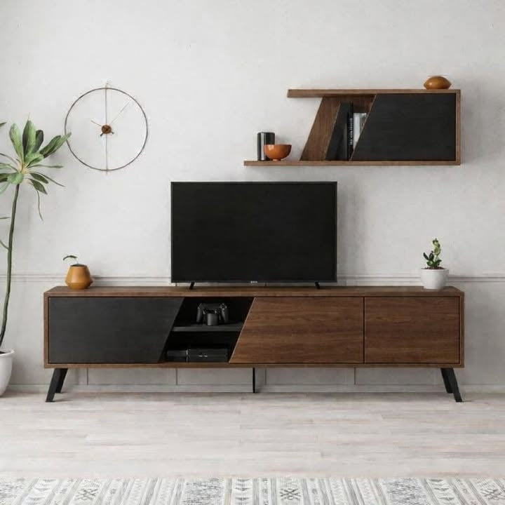 Dark wood TV unit with two cabinet doors and central open shelf for media