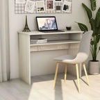 White MDF desk with open shelves and wide tabletop, 90x50 cm.