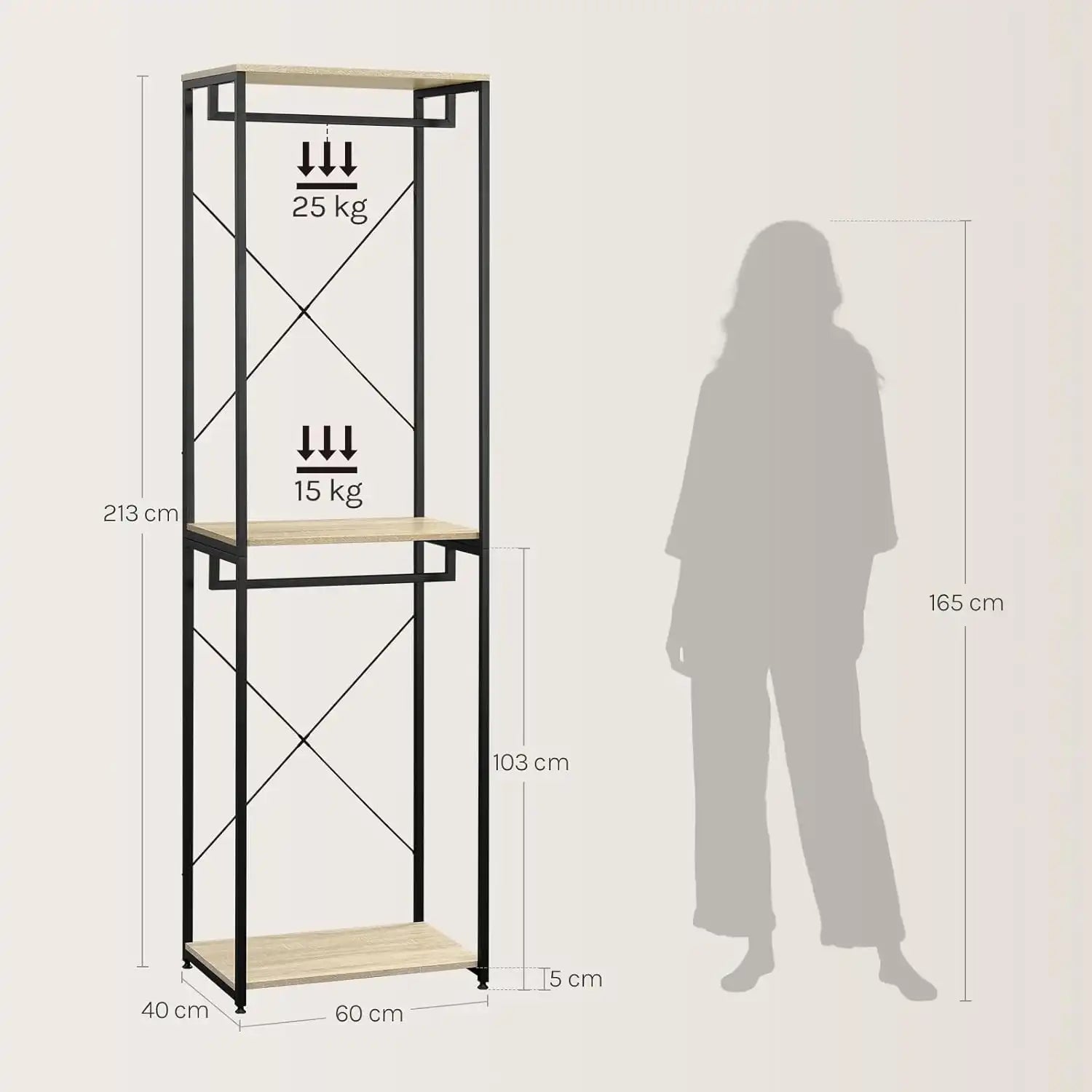 Clothes stand 60x40x213 cm: dark metal frame with MDF shelves, weight ratings shown