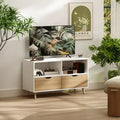 White MDF TV console with open shelves and two cabinet doors on wooden legs, 99x39x58 cm