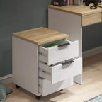 White drawer unit with light wood top, two drawers pulled open, black handles