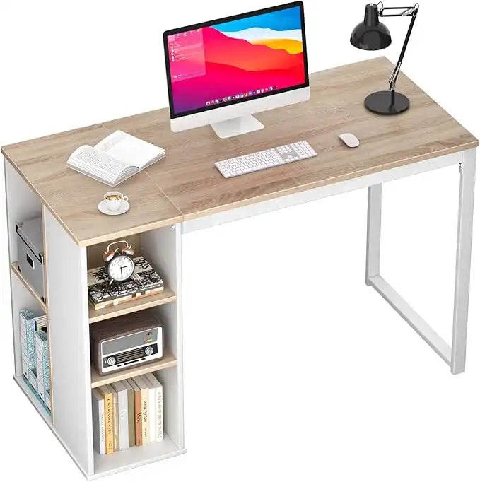 MDF desk with light wood top, white frame, built-in storage shelves on side