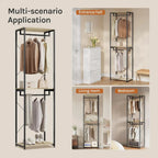 Clothes stand organizer with hanging rail and three tiers for folded clothes and shoes