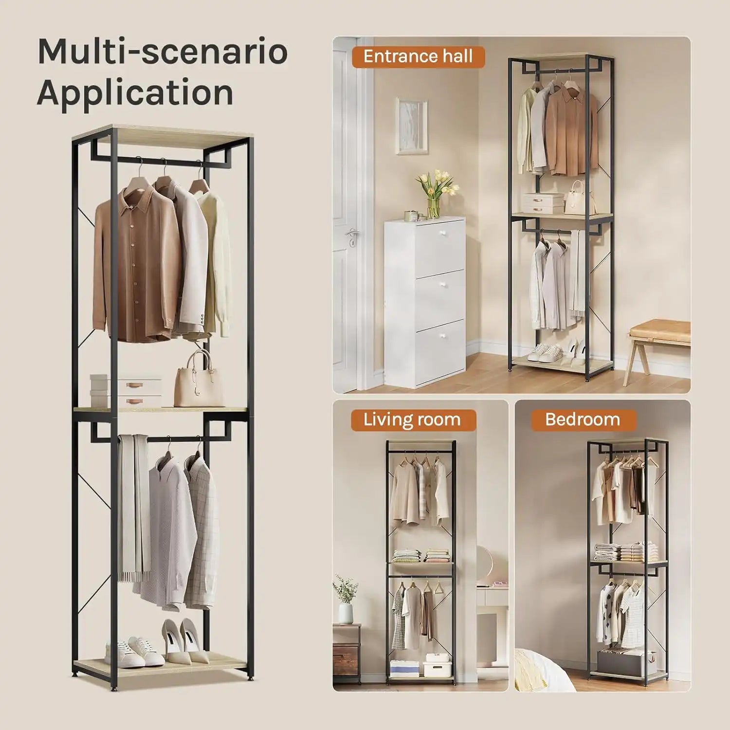 Clothes stand organizer with hanging rail and three tiers for folded clothes and shoes