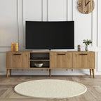 180cm MDF TV table with open center shelf and two cabinet doors, light oak finish