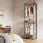 Clothes stand with dark metal frame, hanging rail, and top and bottom MDF shelves