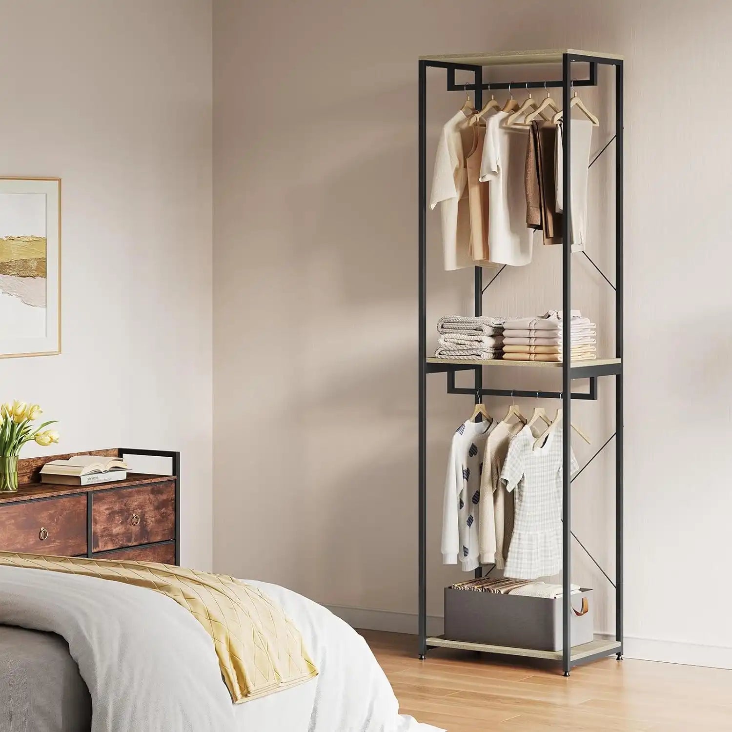 Clothes stand with dark metal frame, hanging rail, and top and bottom MDF shelves