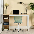 Light wood and white MDF desk with open shelving and an under-desk panel