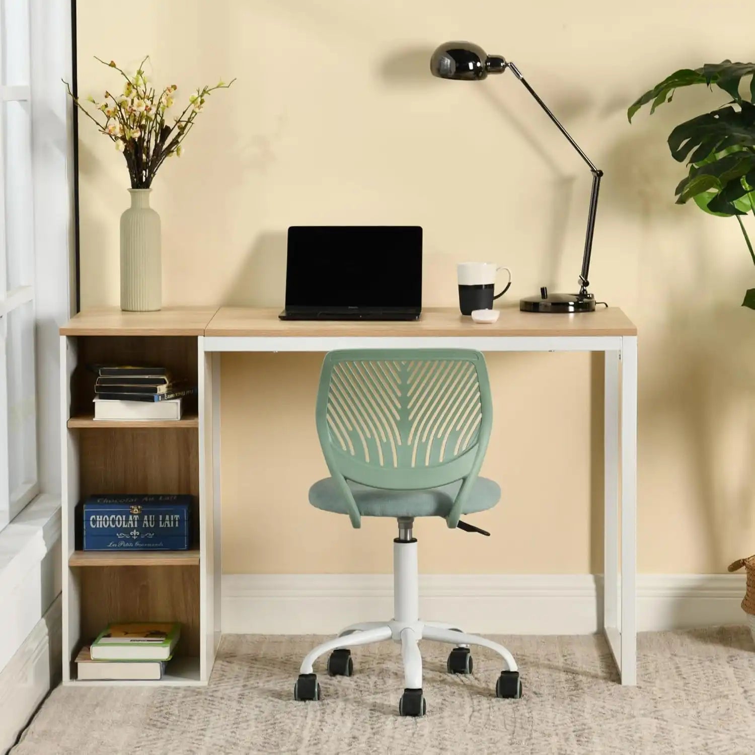 Light wood and white MDF desk with open shelving and an under-desk panel