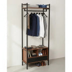 Clothes stand with metal frame, top shelf, hanging bar, and shoe storage shelves