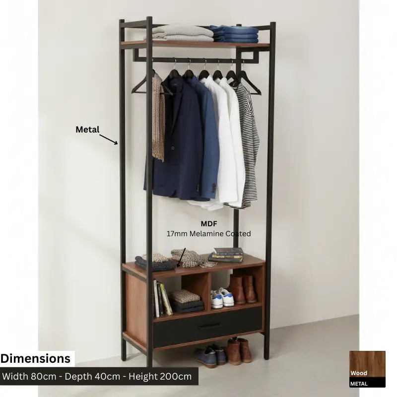 Clothes stand 80x40x200cm: metal frame, MDF shelves, hanging bar and shoe cubbies