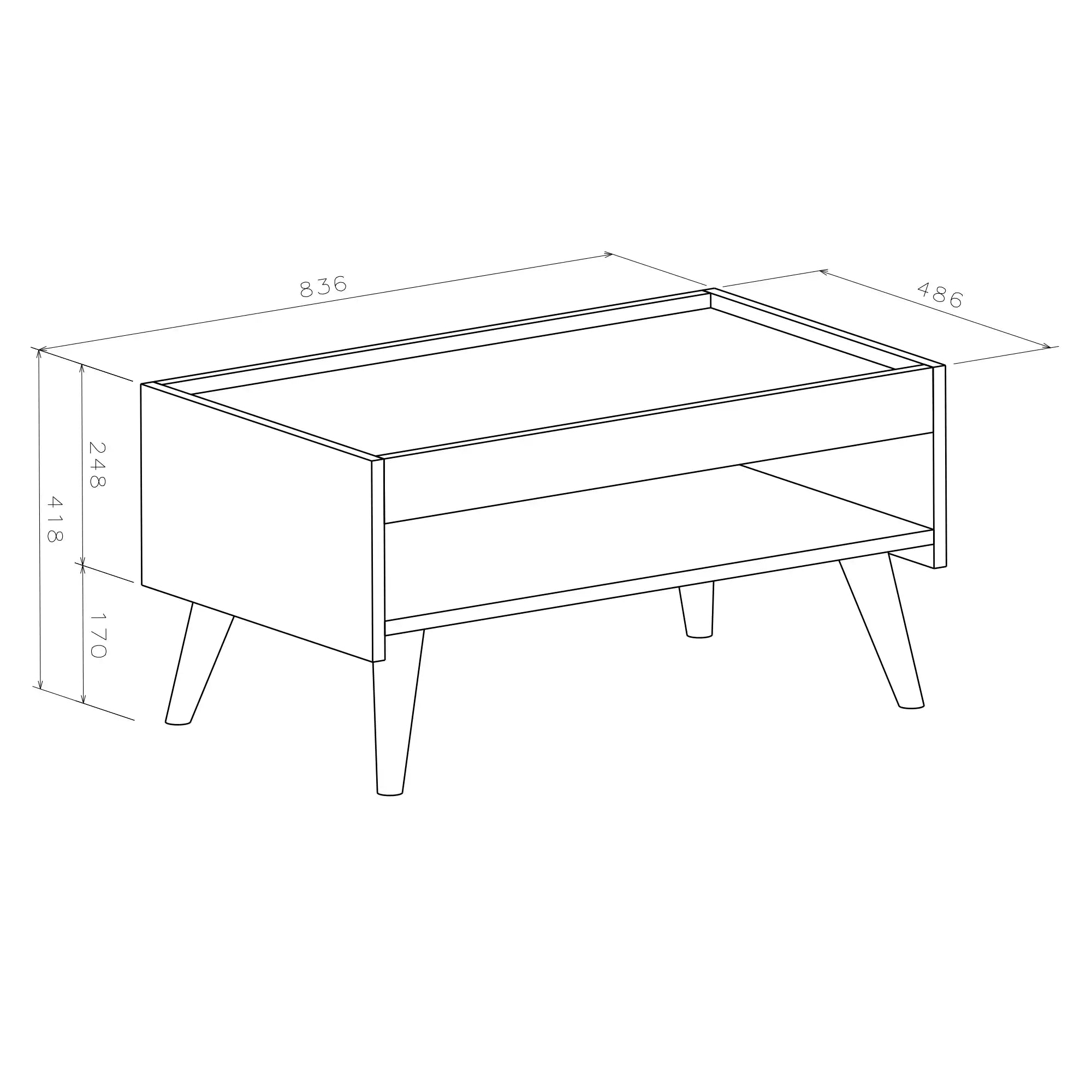 Coffee table dimensions diagram for MDF table with open shelf: 85x50x45cm