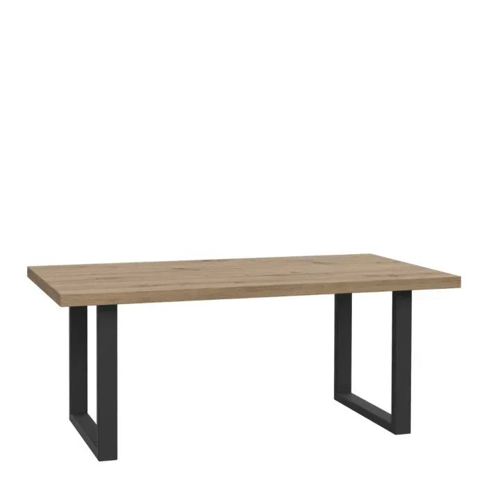 Rectangular coffee table with light wood-look MDF top and dark metal base