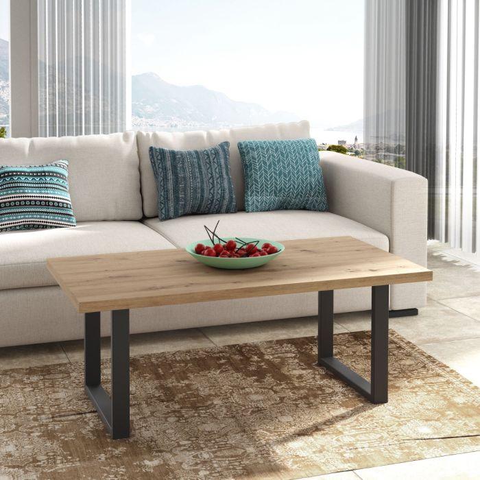 Rectangular coffee table with light wood-look MDF top and dark metal legs