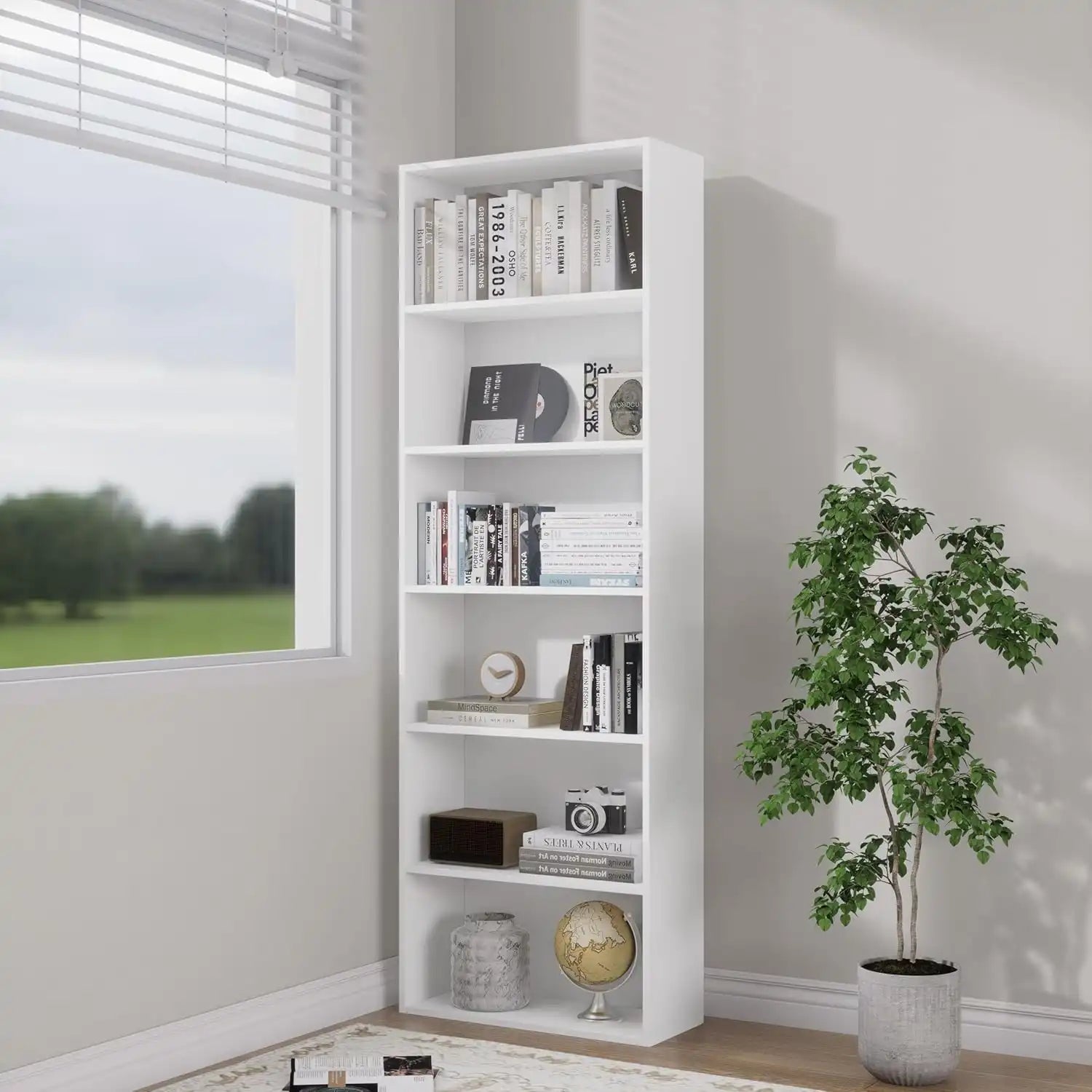 Tall white bookcase with open compartments for books and decor, 60x30x180cm