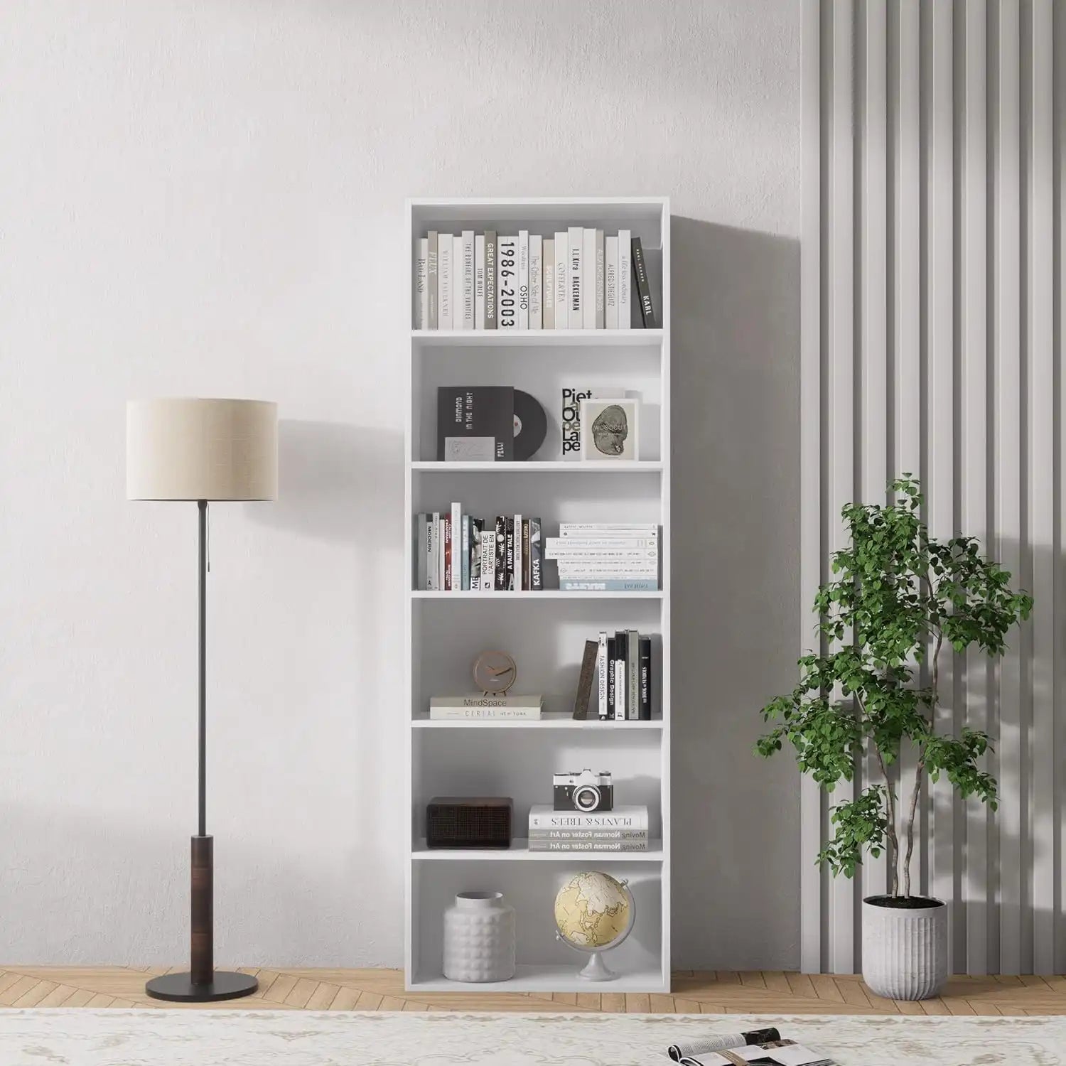White MDF bookcase with open shelves for books and decor, tall narrow 60x30x180cm