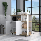 Coffee corner cabinet with open door, interior shelves, countertop, and caster wheels