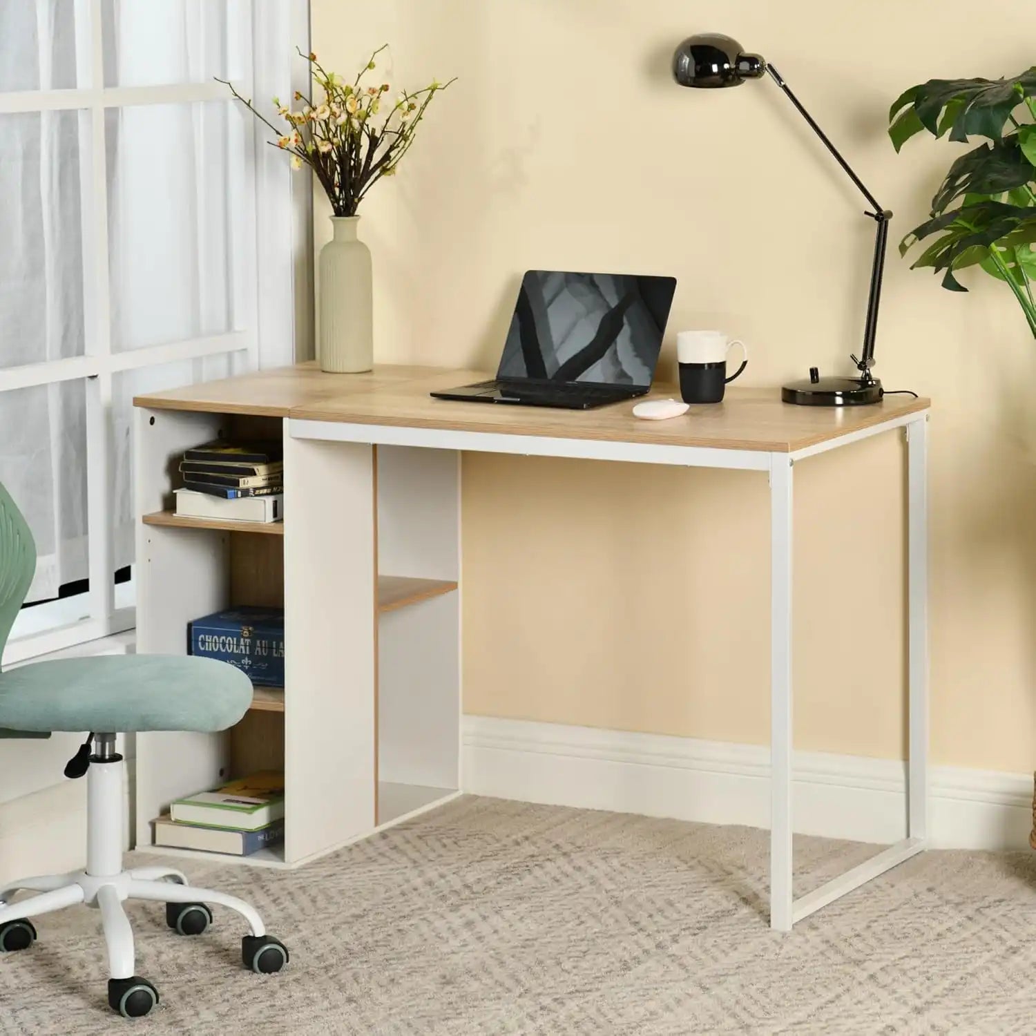 120x55x75cm MDF desk with light wood top, white frame, open side shelves