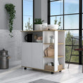 White MDF coffee corner cabinet with open shelves, countertop, and storage wheels