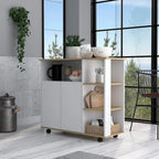 White MDF coffee corner cabinet with open shelves, countertop, and storage wheels