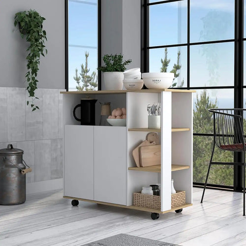 White MDF coffee corner cabinet with open shelves, countertop, and storage wheels