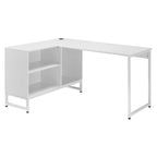 White L-shape corner desk with open storage cabinet and wide desktop surface
