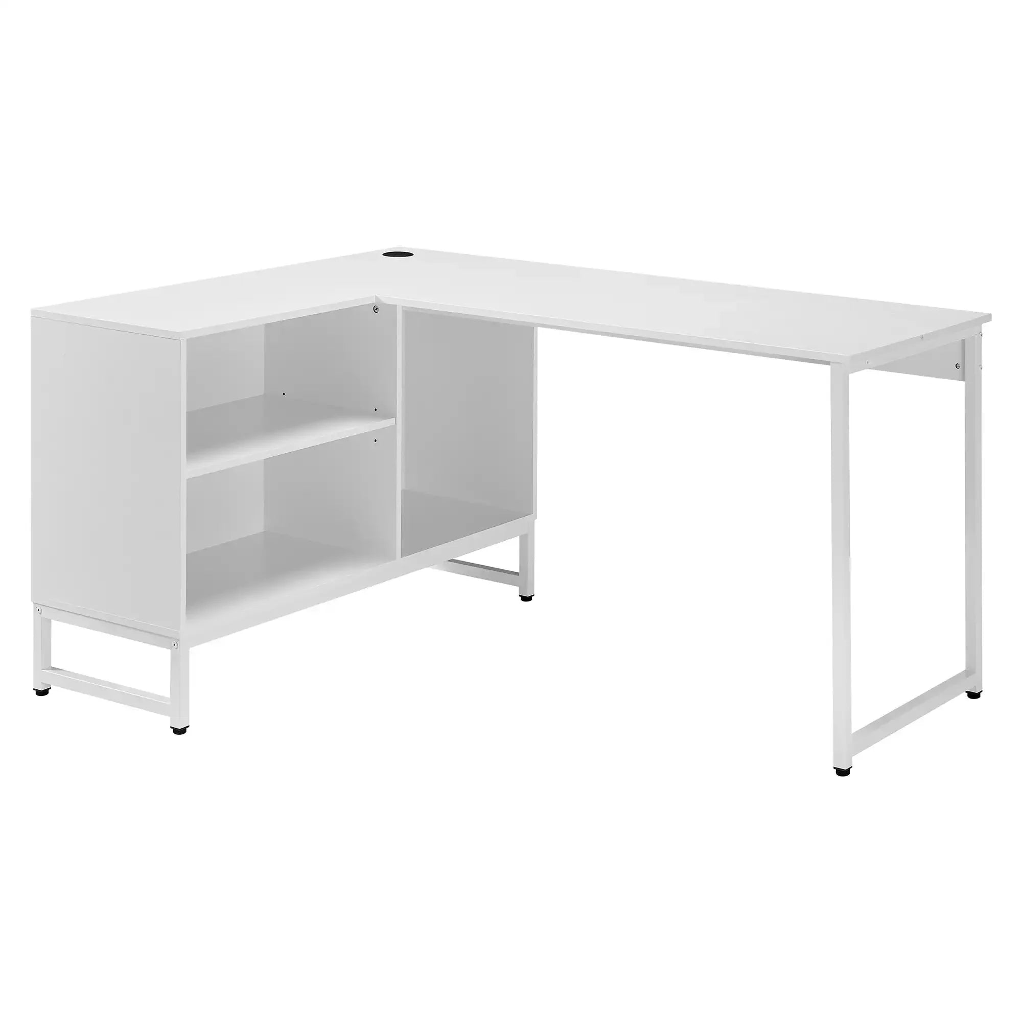 White L-shape corner desk with open storage cabinet and wide desktop surface
