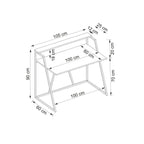 Desk dimensions: 105x60x90 cm; open metal frame with two shelves.