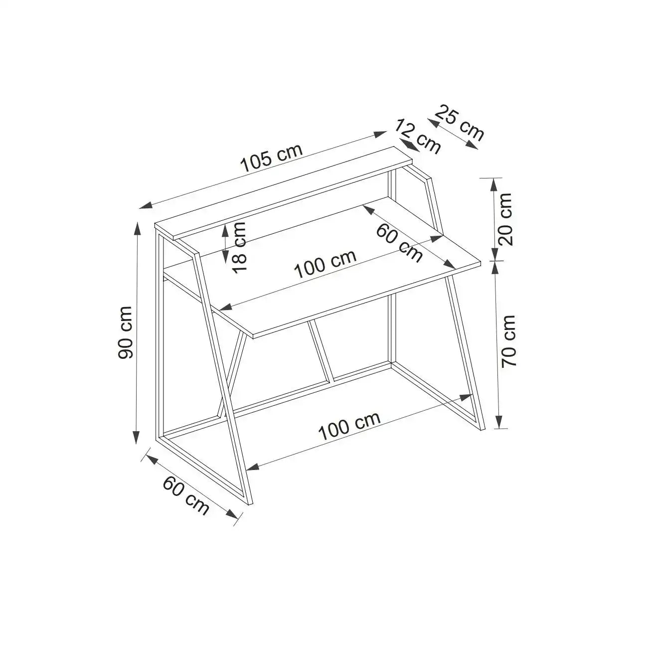 Desk dimensions: 105x60x90 cm; open metal frame with two shelves.