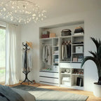 White MDF dressing cabinet with hanging rail, shelves, and drawer base